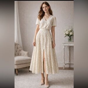 Cream Lace Midi Skirt Floral A-Line Romantic Cottagecore Wedding Guest Boho M